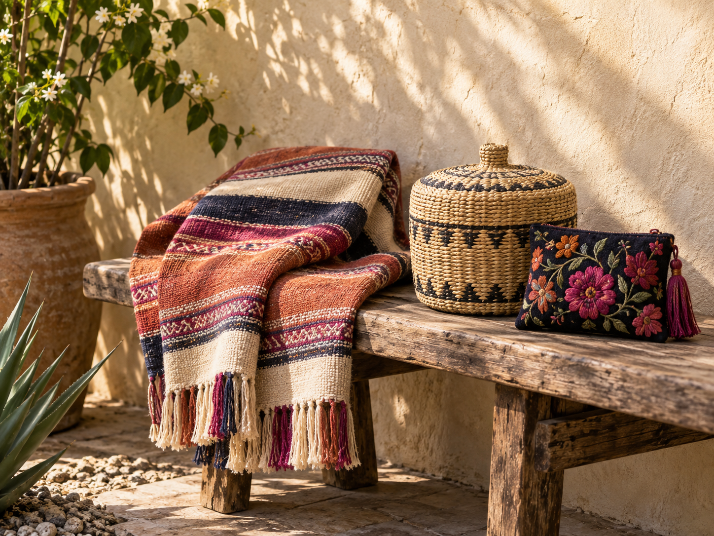 Textiles de colores, una cesta tejida y un accesorio bordado sobre una banca de madera